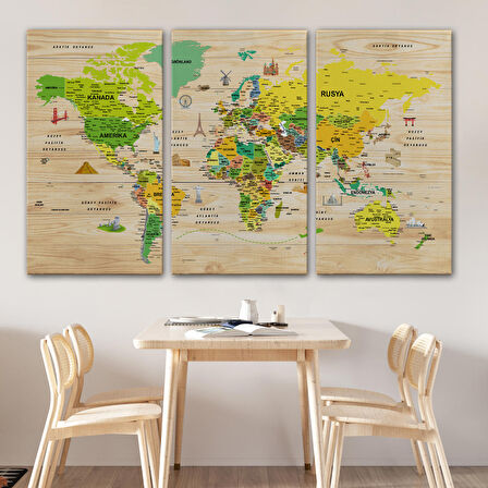 Harita Sepeti Ahşap Görünümlü Türkçe Dünya Haritası Sembollü Eğitici Kanvas Tablo 2947