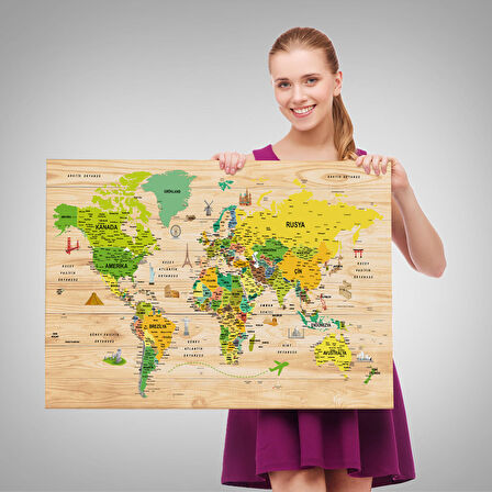 Harita Sepeti Ahşap Görünümlü Türkçe Dünya Haritası Sembollü Eğitici Kanvas Tablo 2947