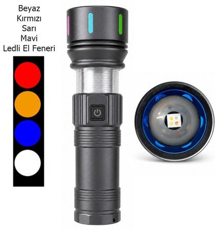 Gp-284 80 Watt 8000 Lümen El feneri Çok Güçlü Parlak El feneri -  4 Ledli ( Kırmızı - Mavi - Beyaz - Sarı )