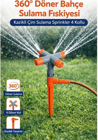 360° Döner Bahçe Sulama Fıskiyesi, 4 Kollu Otomatik Sprinkler, Kazıklı Tasarım, Geniş Alan Kaplama