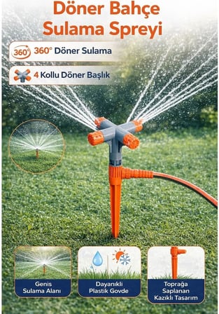 360° Döner Bahçe Sulama Fıskiyesi, 4 Kollu Otomatik Sprinkler, Kazıklı Tasarım, Geniş Alan Kaplama