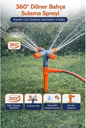 360° Döner Bahçe Sulama Fıskiyesi, 4 Kollu Otomatik Sprinkler, Kazıklı Tasarım, Geniş Alan Kaplama