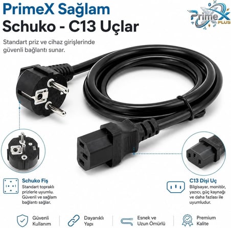 PrimeX PX-P450 5 Metre Lüks Power Kablosu, 3x1.5mm Kalın Full Bakır PSU Güç Kablosu, PC Power Supply Monitör Mining Sistemleri İçin Siyah Enerji Kablosu (5 Metre)