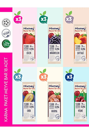 Mixmey Karma 3 Paket Meyve Bar 18 Adet | Glutensiz, Vegan Sağlıklı Atıştırmalıklar - 20gr X 18 Adet