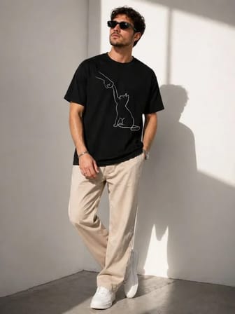 Modi Green Erkek Minimal Kedi Çizim Baskılı Tişört Kısa Kol Yazlık T-Shirt - Siyah