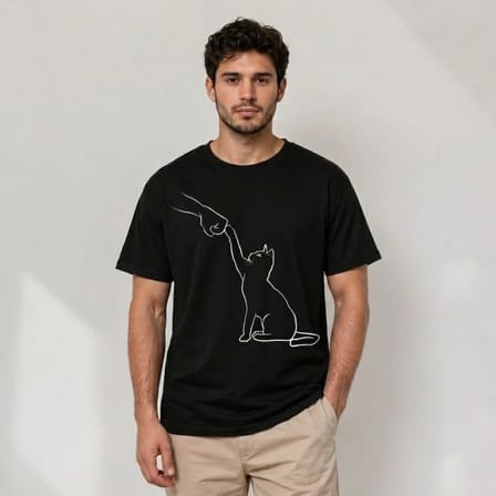 Modi Green Erkek Minimal Kedi Çizim Baskılı Tişört Kısa Kol Yazlık T-Shirt - Siyah