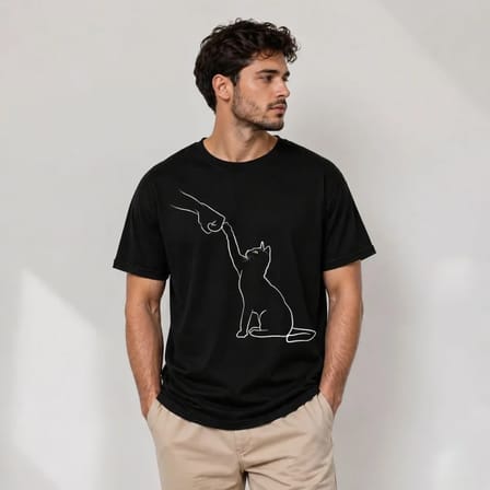 Modi Green Erkek Minimal Kedi Çizim Baskılı Tişört Kısa Kol Yazlık T-Shirt - Siyah