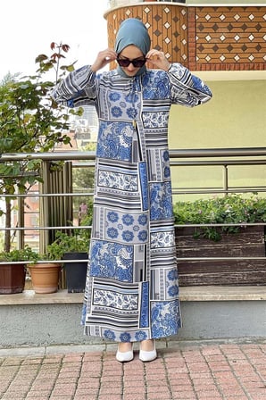 Modi A Pileli Desenli Elbise İNDİGO