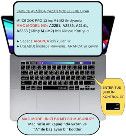MacBook Pro Arapça Klavye Koruyucu US ANSI Düz Enter A2338 M1 M2 A2251 A2289 A2141 Uyumlu Silikon Keyboard Cover Touch Bar Siyah