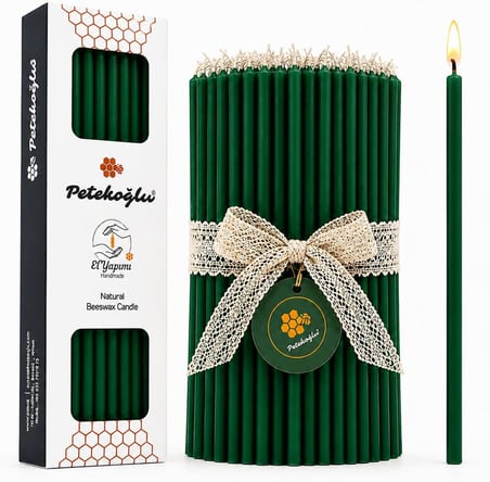 (40 Adet Yeşil) Balmumu Mum Dilek Mumu Doğal Petek Ince Uzun Parti Rituel Doğum Günü Mumu Beeswax Candle