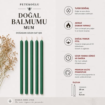 (40 Adet Yeşil) Balmumu Mum Dilek Mumu Doğal Petek Ince Uzun Parti Rituel Doğum Günü Mumu Beeswax Candle