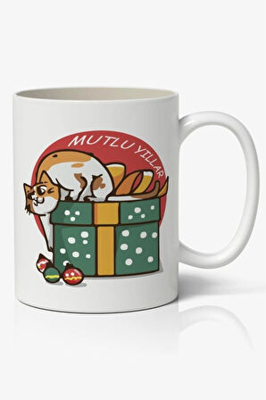 Yılbaşı Noel Kedi Yeni Yıl Temalı Beyaz Kupa Bardak Sevgiliye Arkadaşa Hediye