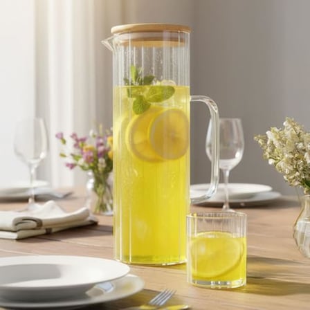 1000ml Bambu Kapaklı Line Borosilikat Cam Yağlık & Sürahi – Şık, Dayanıklı ve Sağlıklı Saklama Çözümü (8cm x 20cm)