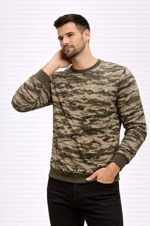 Modi Green Erkek Kamuflaj Desenli 2 İplik 4 Mevsim Uzun Kollu Bisiklet Yaka Sweatshirt - Kamuflaj