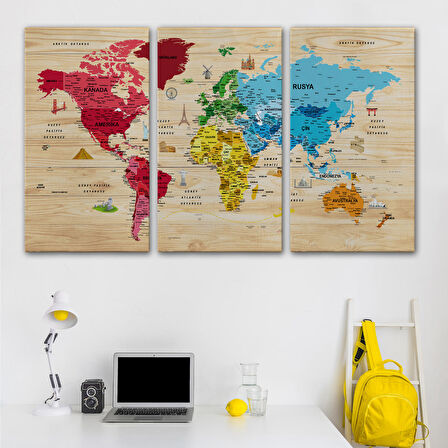 Harita Sepeti Ahşap Görünümlü Türkçe Dünya Haritası Sembollü Eğitici Kanvas Tablo 2949