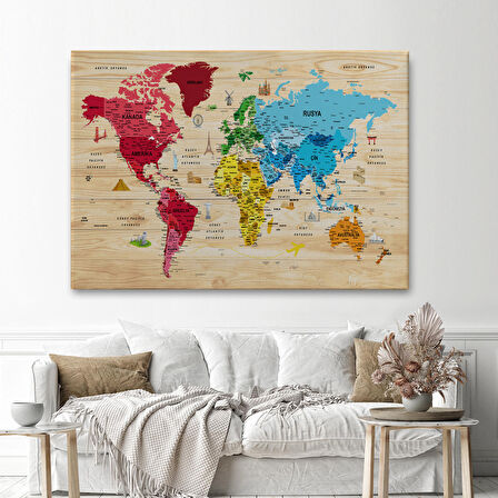 Harita Sepeti Ahşap Görünümlü Türkçe Dünya Haritası Sembollü Eğitici Kanvas Tablo 2949