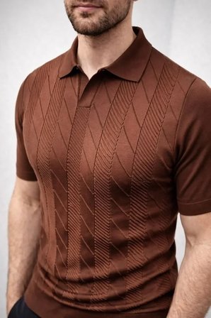Modi Green Erkek Yazlık Triko Dokuma Tişört Kısa Kol Polo Yaka T-Shirt - Kahverengi
