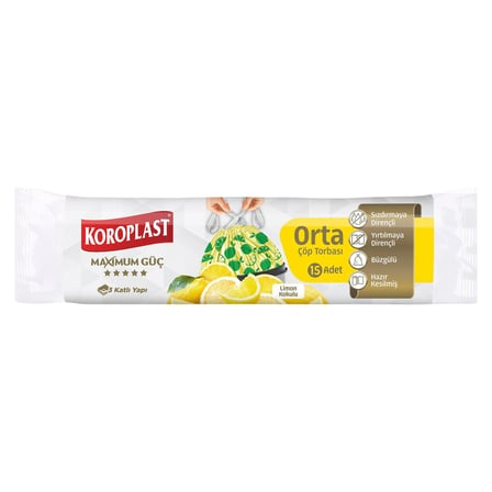 4 Adet Koroplast Güçlü Büzgülü Çöp Torbası Limon Kokulu Orta 15'Li
