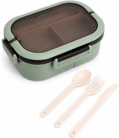 Busstier 1200 ml 2 Katlı 6 Bölmeli BPA'sız PP Plastik Sefer Tası ve Beslenme Çantası - Hava Kilitli Bento Lunch Box, Çatal ve Kaşık Dahil (Yeşil)