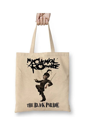 My Chemical Romance Beyaz Bez Çanta Uzun Saplı Alışveriş Çantası Plaj Çantası
