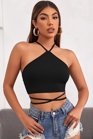 Modi Green Kadın Siyah Sırtı Açık Boyundan Çapraz Bağlamalı Crop Top Bluz