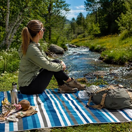 Piknik Örtüsü, Çanta Kamp Matı, Plaj Matı, Piknik Yer Örtüsü, Seyahat, Kamp, Outdoor, Park Çim Kum Tutmaz, Su Geçirmez, Kullanışlı Çanta Model, Katlanabilir 200x150cm - Mavi-Gri Çizgiler