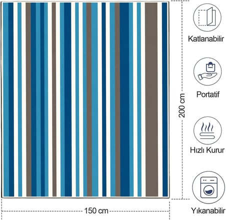 Piknik Örtüsü, Çanta Kamp Matı, Plaj Matı, Piknik Yer Örtüsü, Seyahat, Kamp, Outdoor, Park Çim Kum Tutmaz, Su Geçirmez, Kullanışlı Çanta Model, Katlanabilir 200x150cm - Mavi-Gri Çizgiler