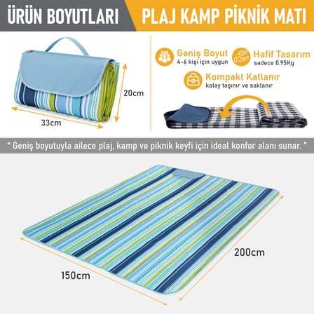 Piknik Örtüsü, Çanta Kamp Matı, Plaj Matı, Piknik Yer Örtüsü, Seyahat, Kamp, Outdoor, Park Çim Kum Tutmaz, Su Geçirmez, Kullanışlı Çanta Model, Katlanabilir 200x150cm - Mavi-Gri Çizgiler