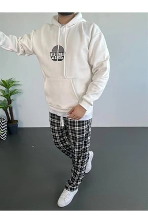 Modi Green Erkek Oversize Üç İplik Kapüşonlu Sweatshirt – Beyaz Ön Baskılı, Kanguru Cepli, Rahat Kalıp, İçi Pamuklu Model
