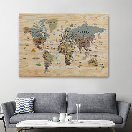 Harita Sepeti Ahşap Görünümlü Dünya Haritası Sembollü Eğitici Dekoratif Tablo-2950