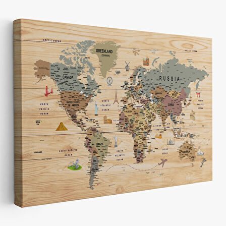 Harita Sepeti Ahşap Görünümlü Dünya Haritası Sembollü Eğitici Dekoratif Tablo-2950