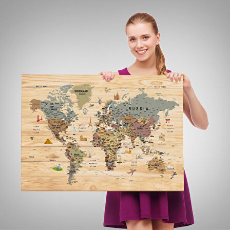 Harita Sepeti Ahşap Görünümlü Dünya Haritası Sembollü Eğitici Dekoratif Tablo-2950