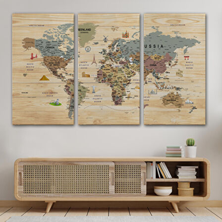 Harita Sepeti Ahşap Görünümlü Dünya Haritası Sembollü Eğitici Dekoratif Tablo-2950