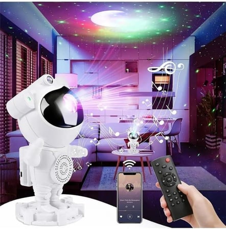 Astronot Robot Tasarım Bluetooth Hoparlörlü Gökyüzü Gece Lambası Zamanlama Kumandalı Projektör