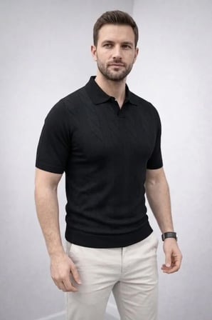 Modi Green Erkek Yazlık Triko Dokuma Tişört Kısa Kol Polo Yaka T-Shirt - Siyah