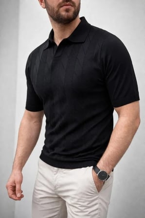 Modi Green Erkek Yazlık Triko Dokuma Tişört Kısa Kol Polo Yaka T-Shirt - Siyah