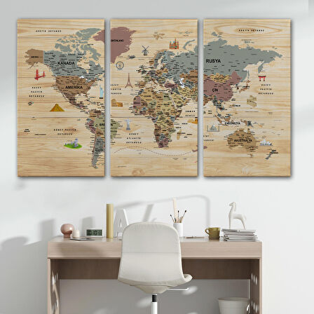 Harita Sepeti Ahşap Görünümlü Türkçe Dünya Haritası Sembollü Eğitici Dekoratif Kanvas Tablo 2951