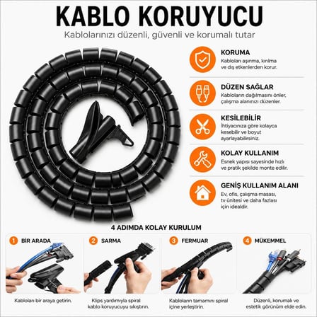 Orret Home 1,5 Metre 25 mm Kablo Koruyucu Spiral Siyah, Kablo Düzenleyici Organizer, Kablo Toplayıcı Sarma Spirali, Esnek Kablo Kanalı ve Kablo Gizleyici Koruma Kılıfı