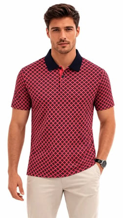 Modi Green Erkek Pike Kumaş Polo Yaka Desenli Tişört Kısa Kol Yazlık T-Shirt - Kırmızı