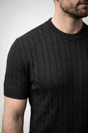 Modi Green Erkek Yazlık Triko Dokuma Tişört Kısa Kol Bisiklet Yaka Örgü Desenli T-Shirt - Siyah