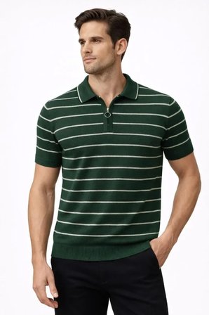 Modi Green Erkek Triko Polo Yaka Fermuarlı Çizgili Tişört T-Shirt Yazlık Şık - Yeşil