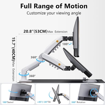 Monitör Masası Montaj Standı Tam Hareketli Döner Monitör Kolu Gaz Yaylı 17-30''Monitörler için (2 kg - 9 kg arasında) Bilgisayar Monitör Standı F80 (Beyaz)