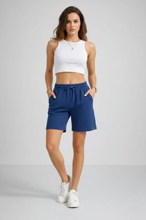 Modi Green Dokuma Otoban Şort Beli Lastikli Bağcıklı, Cepli, Rahat Kesim Günlük Yazlık Şort - İndigo