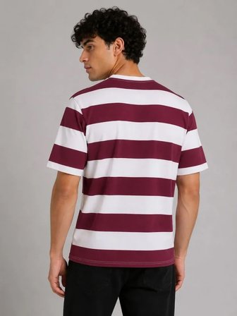 Modi Green Erkek Çizgili Oversize Tişört Bisiklet Yaka Kısa Kol Yazlık T-Shirt - Bordo