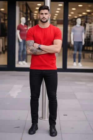Modi Green Erkek T-Shirt Bisiklet Yaka Slim Fit Dar Kesim Likralı Tişört Günlük Basic Body - Kırmızı