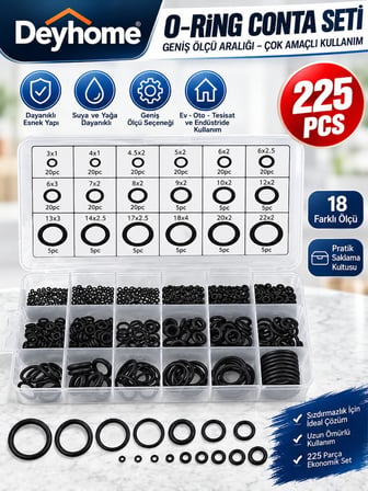 225 Parça O-Ring Conta Seti 18 Farklı Boy – Kauçuk Sızdırmazlık Halkası, Musluk, Hortum, Araç, Su ve Hava Tesisatı Tamir Bakım Kiti