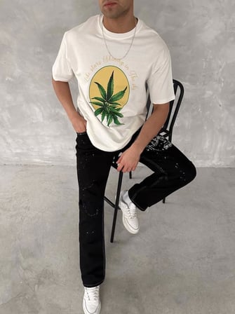 Modi Green Ön Ve Arka Baskılı Oversize Bisiklet Yaka T-shirt- Beyaz