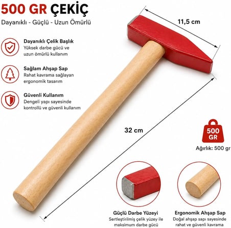 500 Gr Çekiç Ahşap Saplı Çivi Çekici Dayanıklı Çelik Başlı İnşaat Çekici Marangoz Çekici El Aleti (ASORTİ RENK)