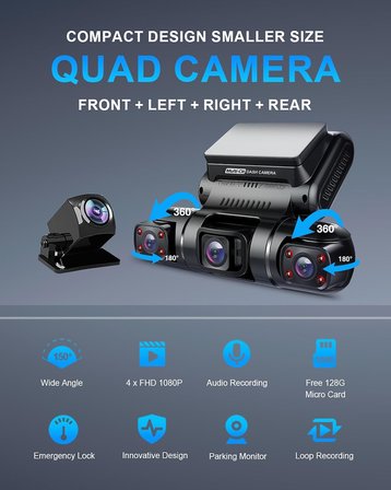 Dash Cam, 4 Kanallı Kamera FHD 1080Px4, Ön, Sol, Sağ ve Arka, Ön ve Arka İç, Dahili GPS WiFi, 256 GB Max, Ücretsiz 128 GB Kart, D90-4CH