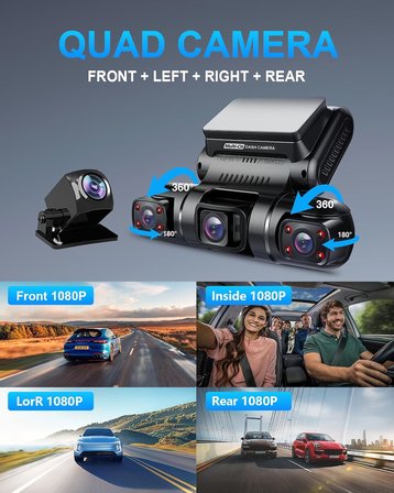 Dash Cam, 4 Kanallı Kamera FHD 1080Px4, Ön, Sol, Sağ ve Arka, Ön ve Arka İç, Dahili GPS WiFi, 256 GB Max, Ücretsiz 128 GB Kart, D90-4CH